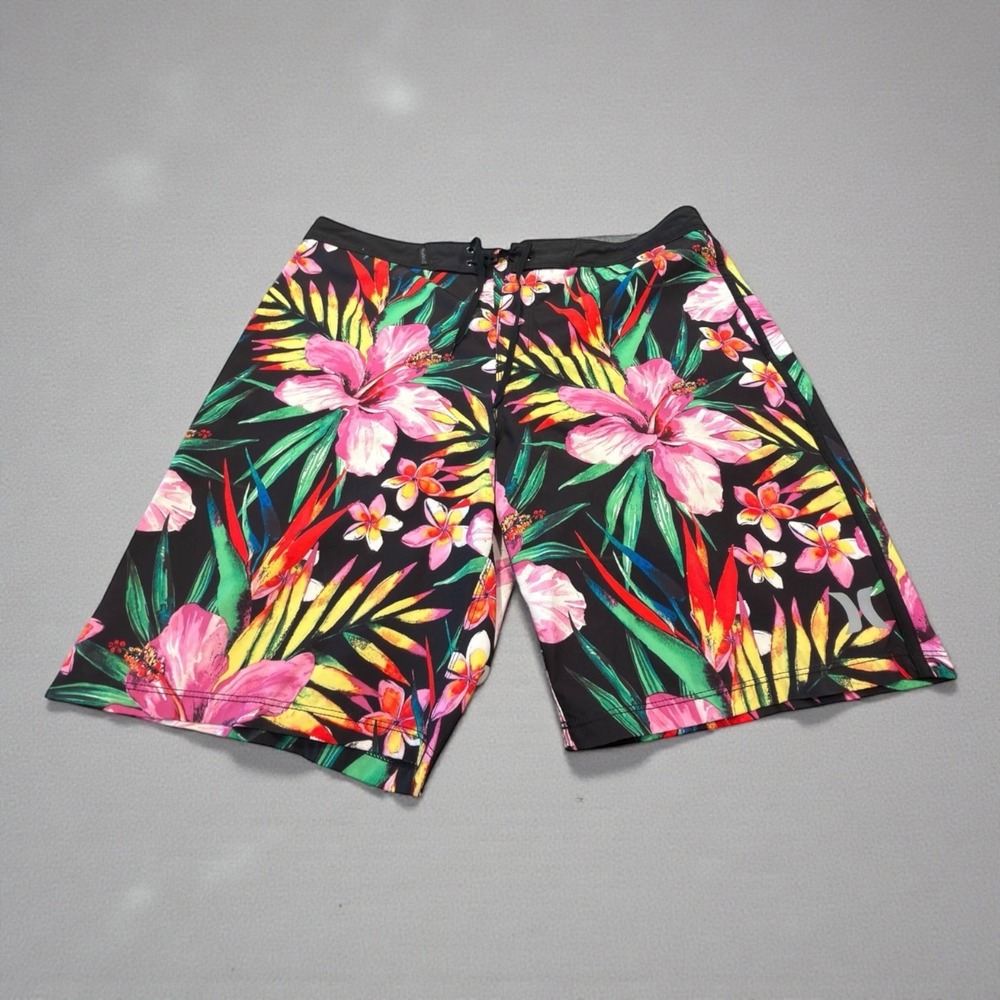 Hurley Board Shorts Mens 34 Black Tropical Floral Hibiscus Print Surf Trunks